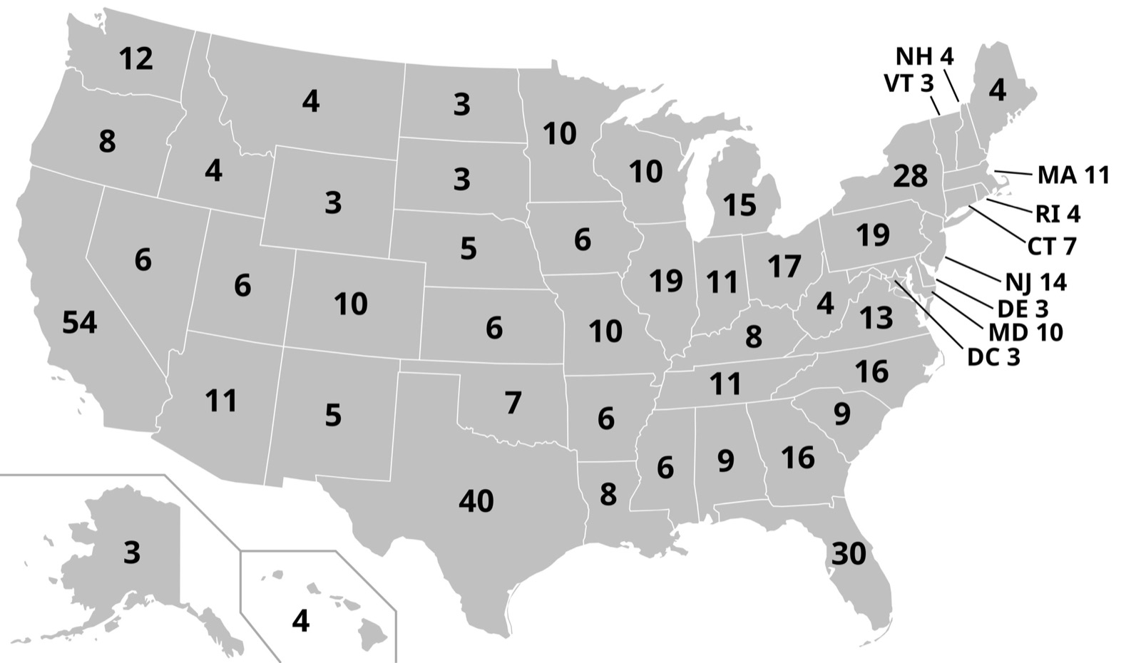 Mapa del colegio electoral con los votos que tiene cada estado para las elecciones presidenciales de 2024 y 2028.