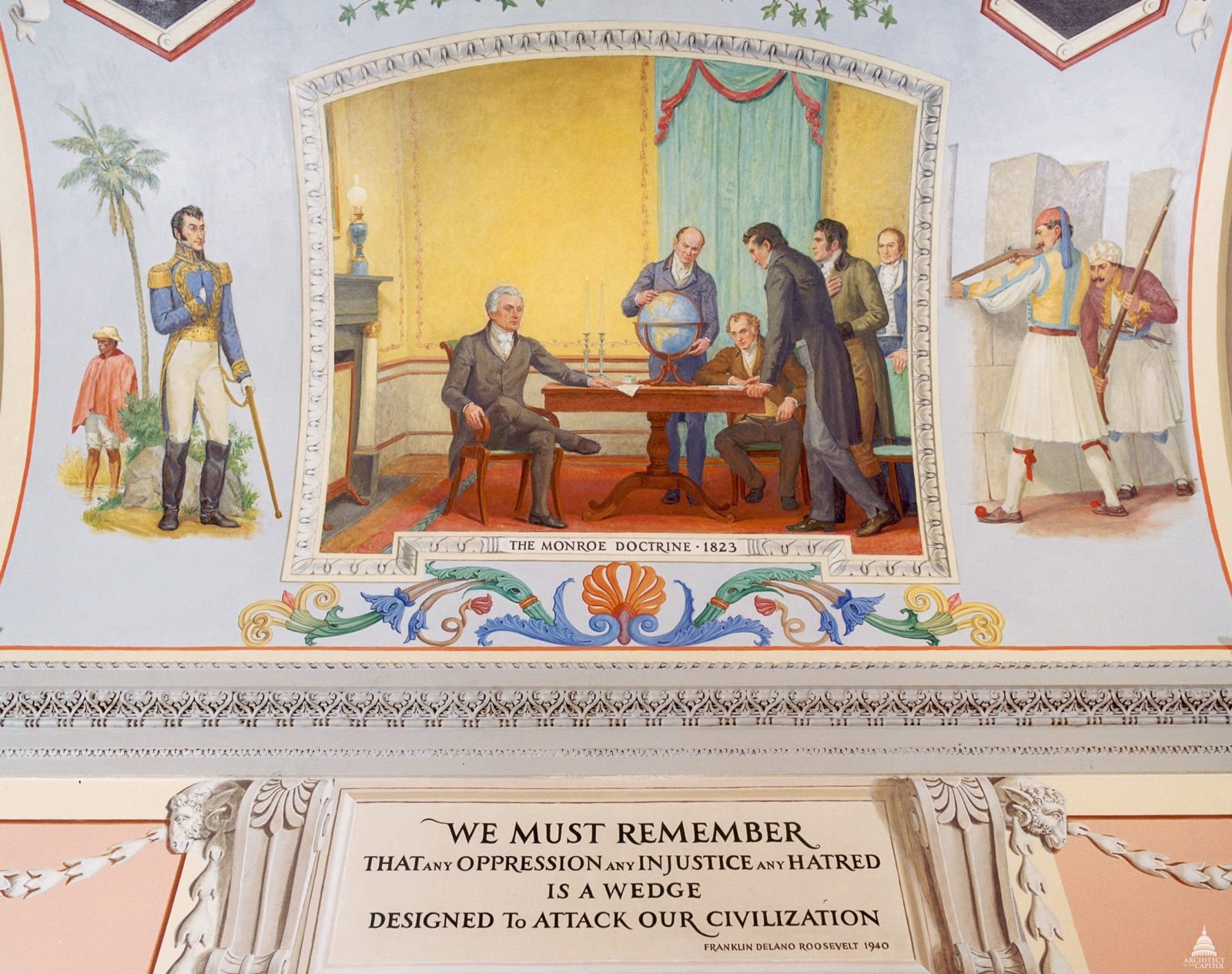 "La Doctrina Monroe, 1823", mural de Allyn Cox en el Capitolio de Estados Unidos que muestra a Monroe con su gabinete.