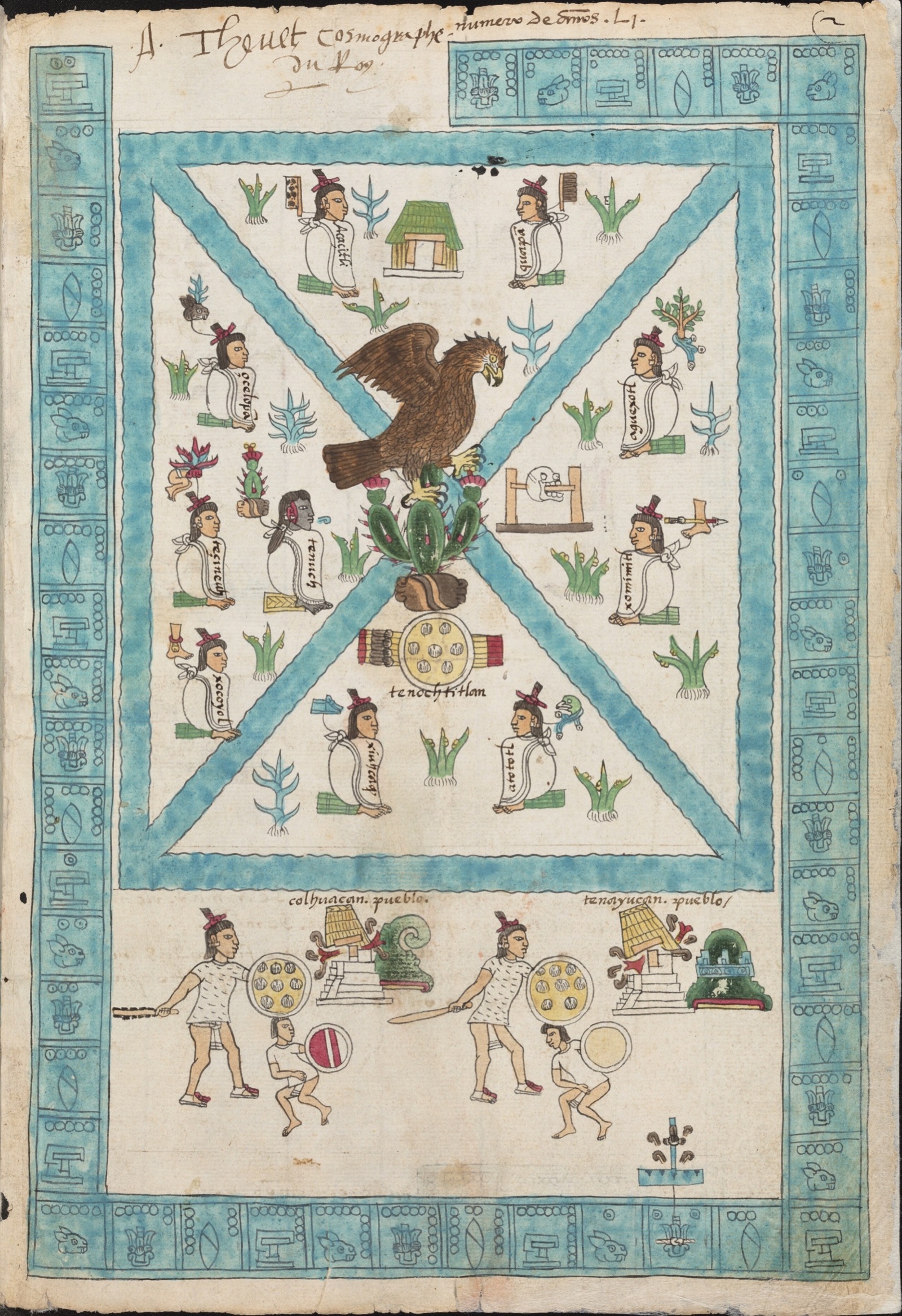 Primera página del Códice Mendoza, elaborado hacia 1541. Muestra el águila sobre un nopal que, según la tradición mexica, marcó el lugar donde se fundó Tenochtitlan. Se conserva en la Biblioteca Bodleiana de Oxford.