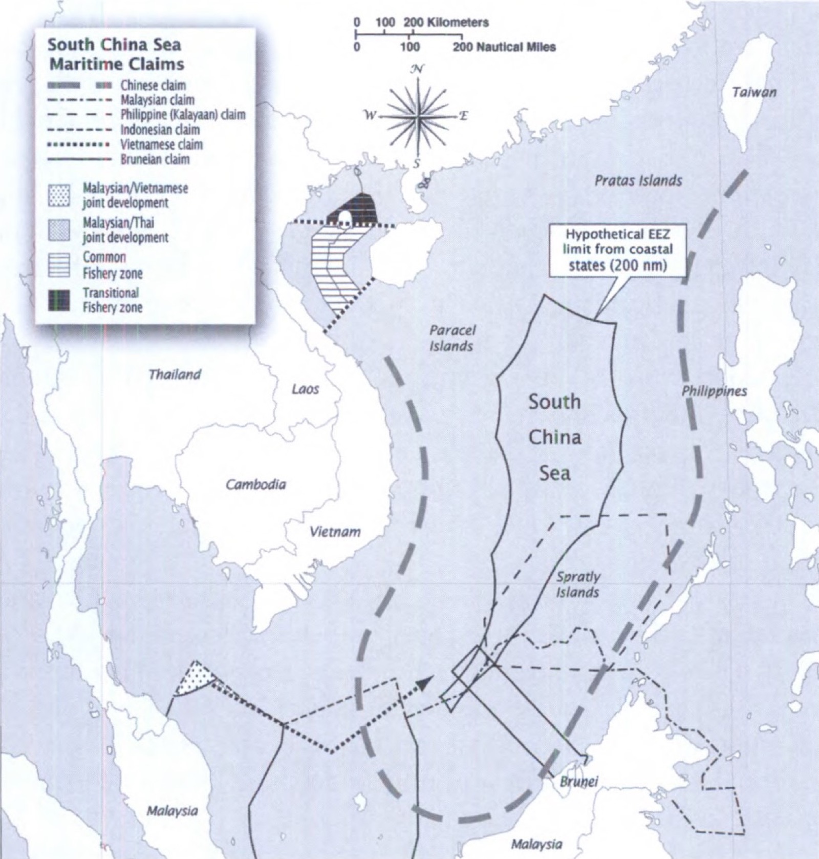 Mapa de las reclamaciones marítimas en el mar de China Meridional; la línea gruesa de trazos es la que reclama China.