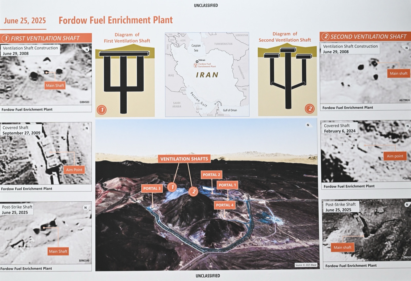 Imágenes de la planta iraní de enriquecimiento de uranio de Fordo mostradas en una rueda de prensa del Pentágono en junio de 2025.