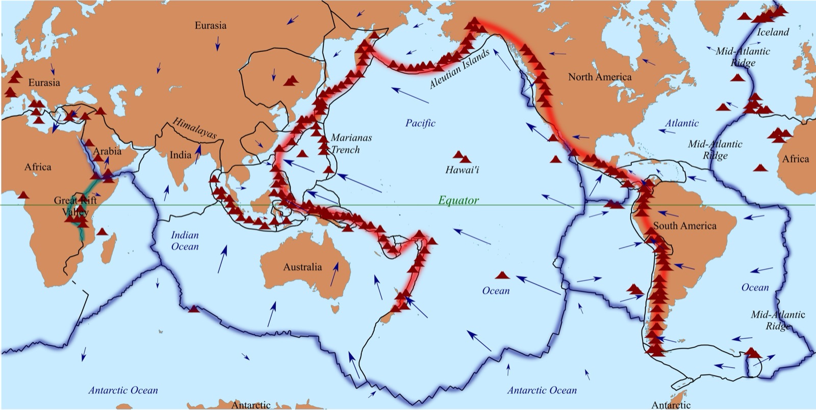 Mapa de las placas tectónicas y del Cinturón de Fuego del Pacífico (en rojo). Los triángulos marcan volcanes y las flechas, la dirección en que se mueven las placas. Toda la costa del Pacífico latinoamericano queda dentro del cinturón.