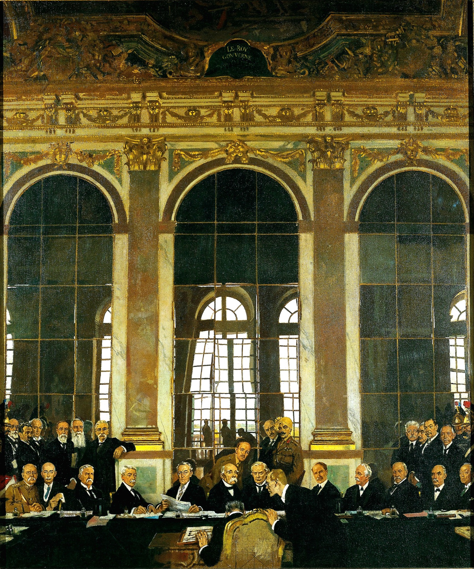 La firma del Tratado de Versalles en el Salón de los Espejos, el 28 de junio de 1919, pintada por William Orpen.