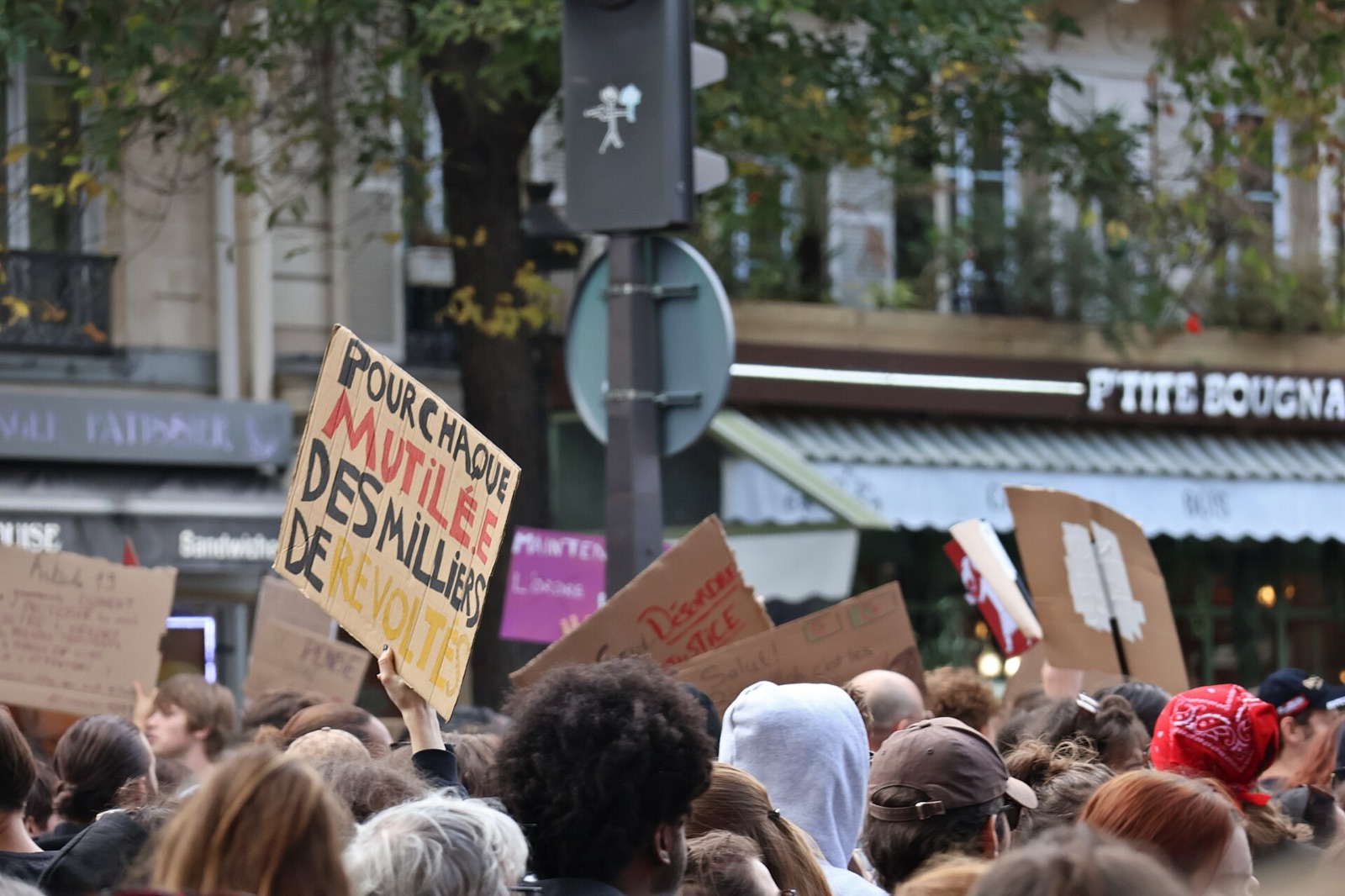 Manifestantes con carteles durante la marcha del 17 de octubre de 2026 en París.