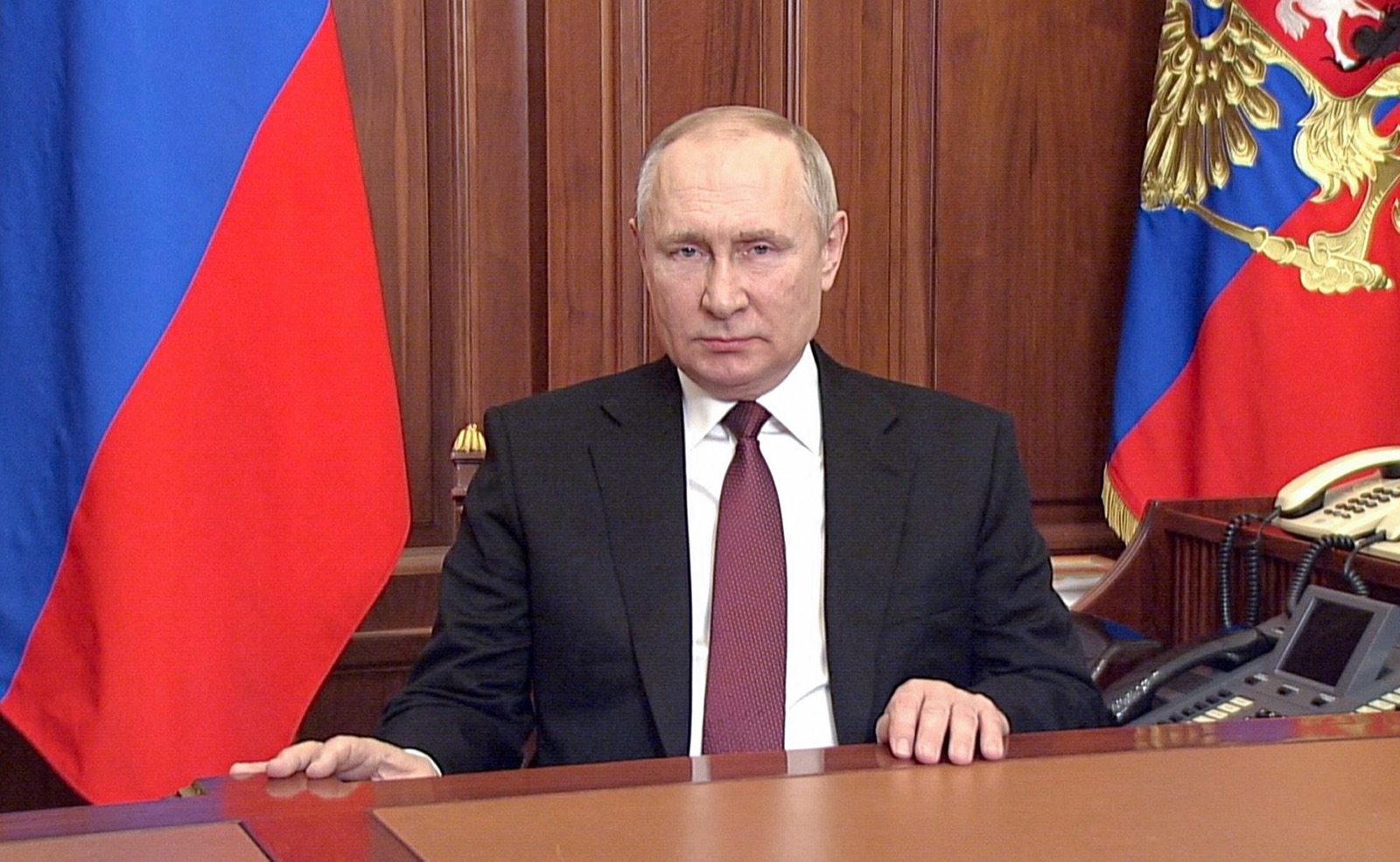 El presidente ruso Vladímir Putin durante un mensaje televisado desde el Kremlin.