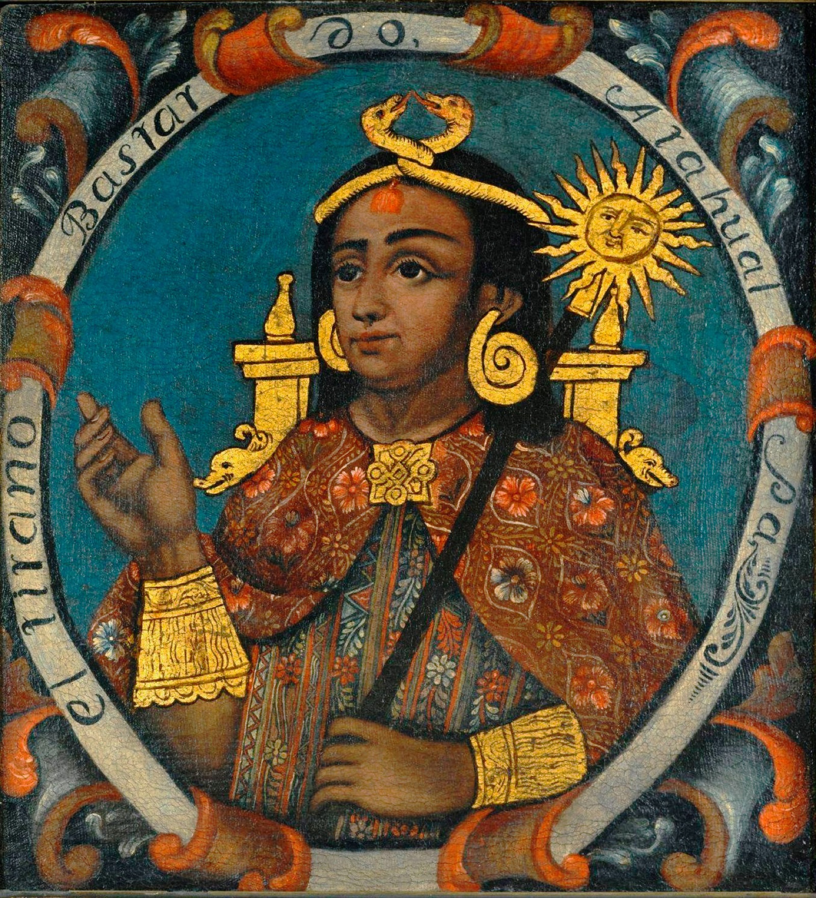 Retrato de Atahualpa pintado en Perú en el siglo XVIII por un artista anónimo, parte de una serie de catorce reyes incas. La inscripción refleja la mirada colonial de la época.
